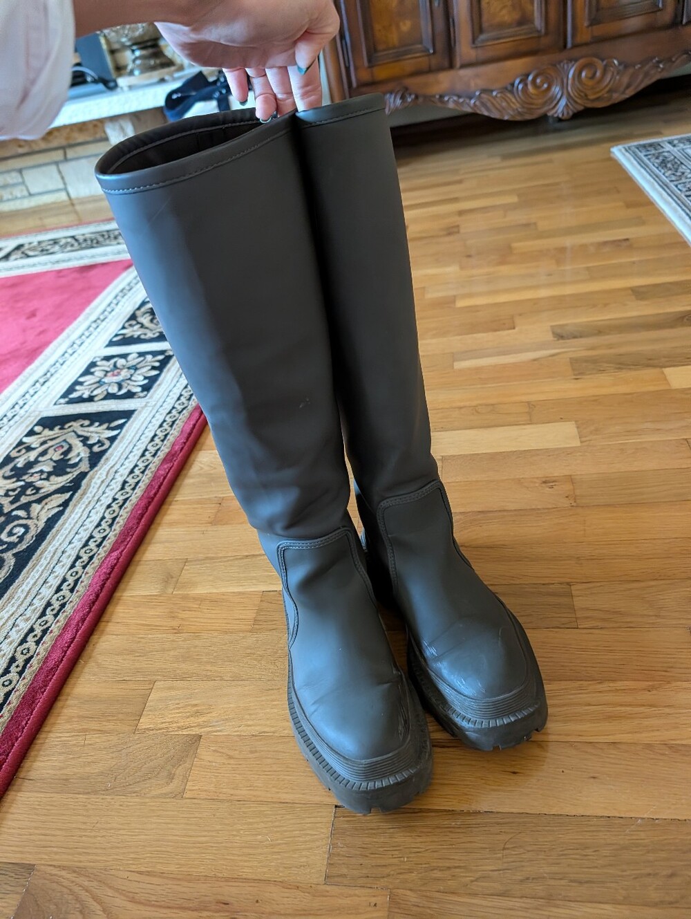 ZARA Dark  green Knee High Tall Rainboots 38 Chunky Sole